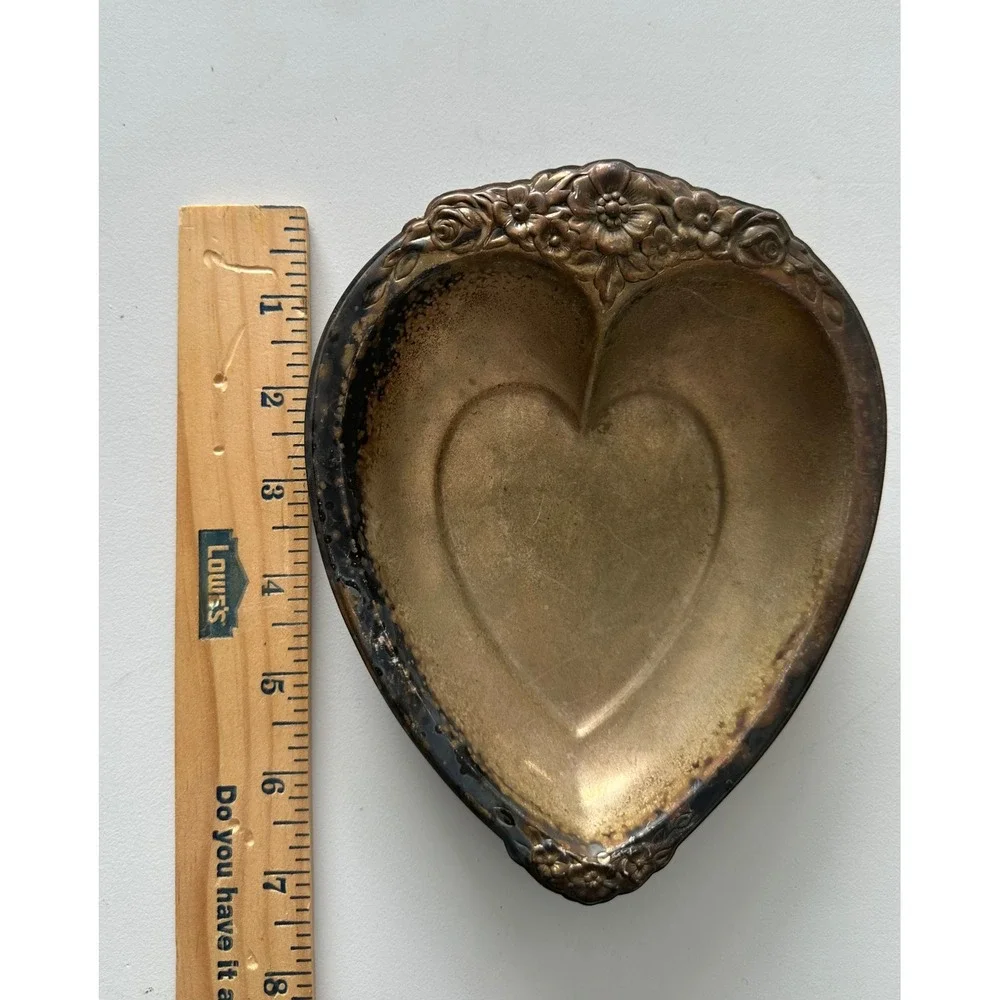 Vintage International Silverplate Heart Trinket Dish Floral Embossed Patina